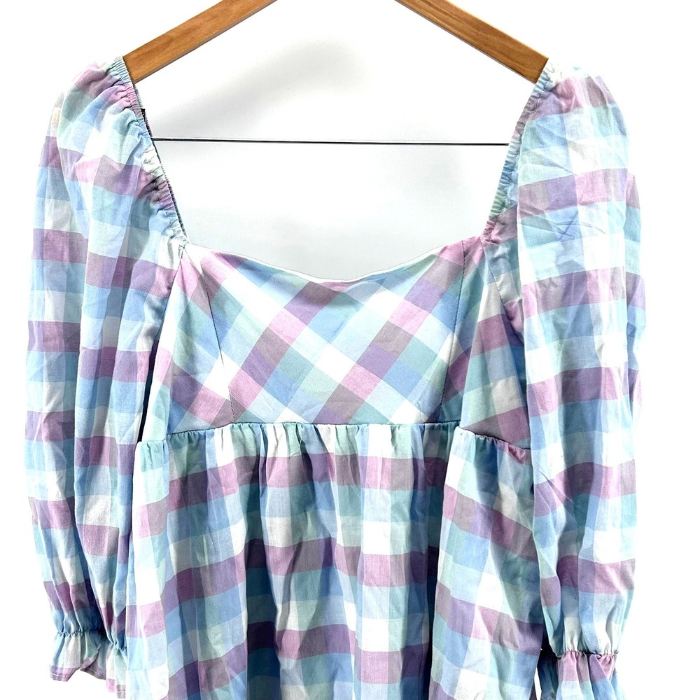 Evolutionary Women XL Pastel Gingham Babydoll Dress Puff Sleeve Tunic Shirt NWT